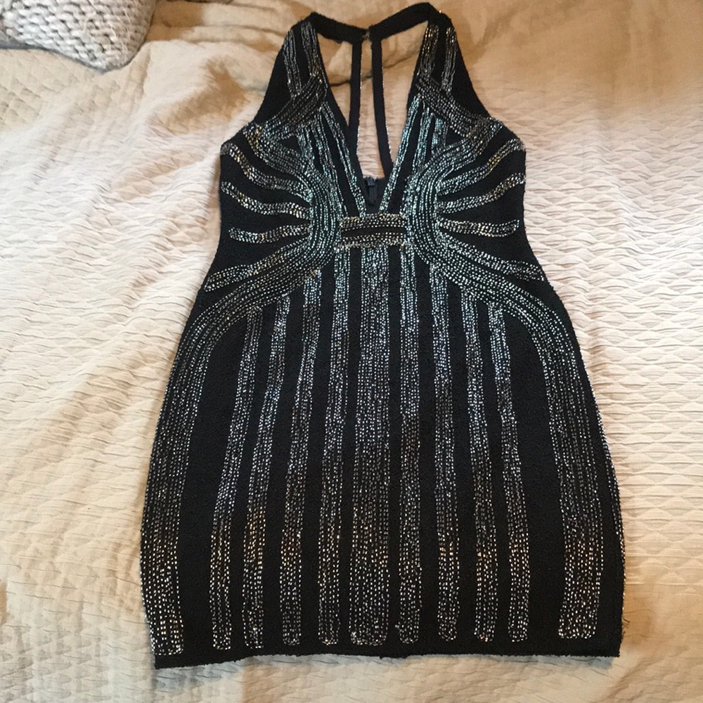 Beaded Low Cut BLack Dress